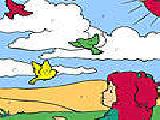 Play Girl and birds in the field coloring